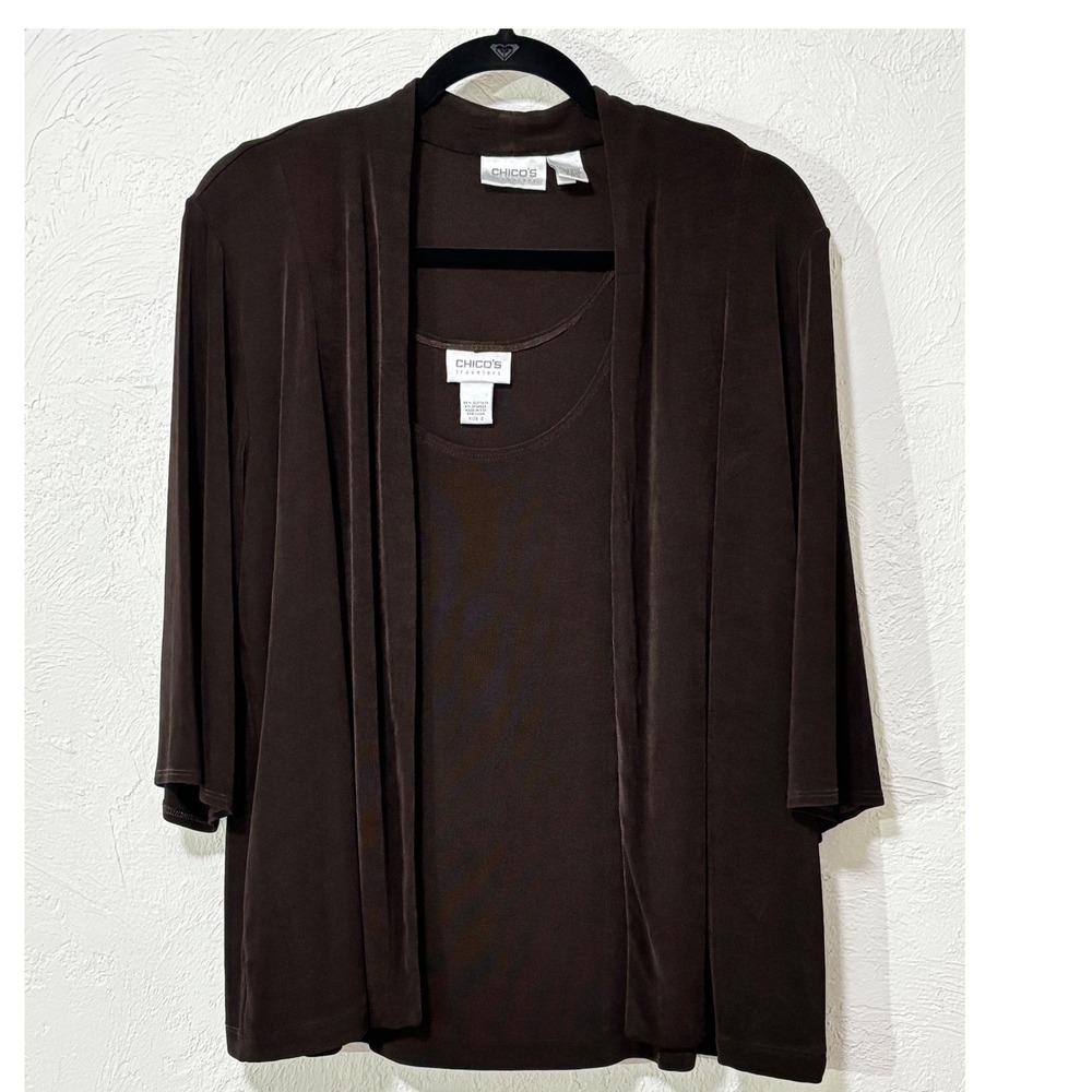 Chicos Travelers Cardigan Tank Set Womens Size 2 Brown 2pc Open Front Slinky
